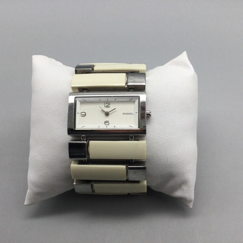 Fossil F2 Womens Watch 35mm White Dial Stainless Beige Resin New Battery 6.5
